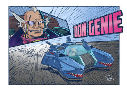Rule 34 | 1boy, action, aircraft, armor, artist name, border, character name, close-up, don genie, f-zero, fat shark, flying car, grin, highres, hover vehicle, jrcomicart, mohawk, monocle, nintendo, race vehicle, scar, scar across eye, science fiction, shoulder armor, smile, solo, speed lines, spiked hair, vehicle focus, white border, white hair