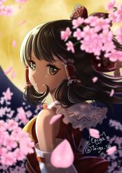 Rule 34 | 1girl, backlighting, bare shoulders, black hair, blurry, blurry background, bow, brown eyes, cherry blossoms, commentary, depth of field, detached sleeves, eyelashes, floating hair, frilled bow, frilled hair tubes, frilled shirt collar, frills, from side, full moon, hair bow, hair tubes, hakurei reimu, half updo, highres, long hair, looking at viewer, moon, moonlight, night, nontraditional miko, outdoors, parted lips, red bow, red shirt, ribbon-trimmed sleeves, ribbon trim, shirt, sidelocks, signature, sleeveless, sleeveless shirt, solo, taiga sb, touhou, tsurime, twitter username, upper body, wind