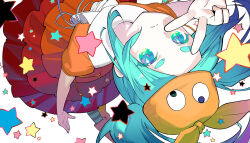 1girl aqua_eyes aqua_hair dress e_m_o_t_o_n_a_o end_card expressionless looking_at_viewer monogatari_(series) nademonogatari official_art ononoki_yotsugi solo star_(symbol) upside-down v_over_eye