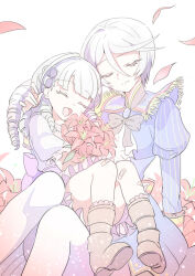 Rule 34 | 2girls, bad id, bad pixiv id, bandaid, bandaid on leg, blue jacket, blunt bangs, boots, bouquet, brown footwear, closed mouth, commentary request, cowboy shot, dress, drill hair, flower, grey hair, hair between eyes, happy, holding, holding bouquet, idol clothes, jacket, juliet sleeves, knees up, konbu wakame, lily (flower), long hair, long sleeves, multiple girls, neck ribbon, open mouth, pretty series, pripara, puffy sleeves, red flower, ribbon, shikyoin hibiki, short hair, sitting, sitting on lap, sitting on person, smile, time paradox