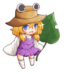 Rule 34 | 1girl, aged down, bad id, bad pixiv id, blonde hair, blue eyes, child, dress, fang, hair ribbon, hat, leaf, long sleeves, looking at viewer, moriya suwako, open clothes, open shirt, oversized clothes, purple dress, ribbon, satorichan, shirt, simple background, sleeves past wrists, smile, solo, standing, thighhighs, touhou, white background, white thighhighs, wide sleeves, zettai ryouiki