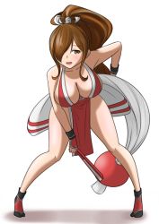 Rule 34 | 1girl, alternate hairstyle, black wristband, breasts, brown eyes, brown hair, cleavage, cosplay, drawfag, folded fan, folding fan, full body, hair over one eye, hand fan, highres, japanese clothes, kono subarashii sekai ni shukufuku wo!, large breasts, leaning forward, long hair, looking at viewer, open mouth, paper fan, pelvic curtain, ponytail, red socks, revealing clothes, shiranui mai, shiranui mai (cosplay), sidelocks, simple background, socks, solo, standing, the king of fighters, white background, wiz (konosuba), wristband