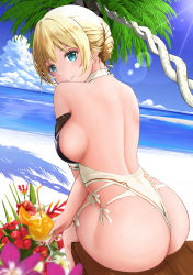 Rule 34 | 1girl, afk arena, ass, back, backless swimsuit, bad id, bad pixiv id, bare back, beach, black bow, blonde hair, blue eyes, bow, braid, breasts, cloud, cocktail, cocktail glass, crossed legs, cup, day, drinking glass, flower, from behind, gibun (sozoshu), hair bow, hibiscus, highleg, highres, holding, holding cup, horizon, large breasts, lens flare, looking at viewer, ocean, one-piece swimsuit, palm tree, parted lips, revealing clothes, rosaline (afk arena), sideboob, sitting, sky, smile, solo, sunlight, swimsuit, thong swimsuit, tree, water