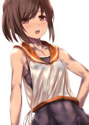 Rule 34 | 10s, 1girl, blush, brown eyes, brown hair, collarbone, covered navel, hand on own hip, heart, heart-shaped pupils, i-401 (kancolle), kantai collection, open mouth, ponytail, sailor collar, simple background, solo, swimsuit, swimsuit under clothes, symbol-shaped pupils, tai (nazutai), tan, white background