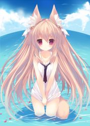 Rule 34 | 1girl, animal ear fluff, animal ears, blue sky, blush, breasts, brown hair, cleavage, closed mouth, clothes pull, cloud, commentary request, covering privates, covering crotch, day, hair between eyes, highres, horizon, light smile, long hair, looking at viewer, medium breasts, ocean, original, outdoors, p19, red eyes, sailor collar, shirt, shirt pull, sky, sleeveless, sleeveless shirt, solo, tail, very long hair, white sailor collar, white shirt