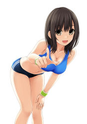 Rule 34 | 1girl, bare shoulders, bent over, breasts, brown eyes, brown hair, buruma, cleavage, collarbone, commentary request, copyright request, highres, large breasts, long hair, looking at viewer, navel, nonaka ritsu, open mouth, pointing, pointing at viewer, short shorts, shorts, simple background, solo, sportswear, white background