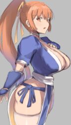 Rule 34 | 1girl, breasts, brown hair, cleavage, dead or alive, fiin36772, grey background, hand on own chest, highres, kasumi (doa), large breasts, long hair, ninja, pelvic curtain, ponytail, short sleeves, thighhighs
