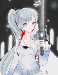 Rule 34 | 1girl, blue eyes, dress, hair ornament, holding, holding sword, holding weapon, jewelry, light smile, long hair, necklace, ponytail, rapier, rwby, scar, smile, solo, sword, very long hair, weapon, weiss schnee, white dress, white hair