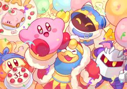 Rule 34 | animal ears, apple, arm up, armor, balloon, bandana, bandana waddle dee, beak, beanie, belt, belt buckle, belt collar, birthday, blue bandana, blue belt, blue eyes, blue hood, blue skin, blush stickers, brown eyes, buckle, cake, candy, capelet, car mouth, closed eyes, collar, colored skin, commentary, confetti, covered mouth, demon wings, disembodied hand, english commentary, food, from above, fruit, fur-trimmed robe, fur-trimmed sleeves, fur trim, gear print, gloves, hand on own hip, hat, highres, holding, holding balloon, holding plate, jinglebunns, king dedede, kirby, kirby (series), lifting person, long sleeves, magolor, meta knight, nintendo, no humans, open clothes, open mouth, open robe, orange skin, outstretched arms, pauldrons, pink skin, plate, pom pom (clothes), pom pom beanie, purple footwear, purple wings, rayman limbs, red footwear, red headwear, red robe, red sleeves, robe, sabaton, scarf, shoes, shoulder armor, smile, star (symbol), star in eye, strawberry, symbol in eye, triangle print, white capelet, white gloves, white mask, white scarf, wings, yellow background, yellow footwear, yellow gloves