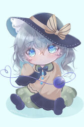 Rule 34 | 1girl, absurdres, black bow, black bowtie, black hat, blouse, blue background, blue eyes, blue pupils, bow, bowtie, buttons, chibi, closed mouth, diamond button, expressionless, eyeball, floral print, frilled shirt collar, frilled sleeves, frills, full body, green skirt, hair between eyes, hat, hat bow, hat ribbon, heart, heart of string, highres, komeiji koishi, light green hair, long sleeves, looking at viewer, medium hair, on ground, ribbon, rose print, shirt, sitting, skirt, solo, striped, striped bow, third eye, touhou, waha (waha hina128), wavy hair, wide sleeves, yellow bow, yellow ribbon, yellow shirt