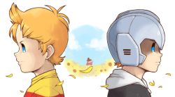 Rule 34 | 1girl, 2boys, back-to-back, blue eyes, brothers, claus (mother 3), emcee, flower, from side, helmet, hinawa, lucas (mother 3), masked man (mother 3), mother (game), mother 3, multiple boys, nintendo, orange hair, petals, profile, serious, siblings, spoilers, sunflower