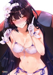 Rule 34 | 1girl, absurdres, artist name, bad id, bad pixiv id, bare shoulders, bikini, black hair, blush, breasts, cleavage, collarbone, commentary request, flower, full-face blush, girls&#039; frontline, grin, hair flower, hair ornament, hairband, highres, hip focus, hplay, index finger raised, long hair, looking at viewer, medium breasts, multi-strapped bikini bottom, multi-strapped bikini top, navel, official alternate costume, parasol, side-tie bikini bottom, simple background, smile, solo, strap pull, swimsuit, type 95 (girls&#039; frontline), type 95 (summer cicada) (girls&#039; frontline), umbrella, very long hair, white background, white bikini, white hairband, yellow eyes