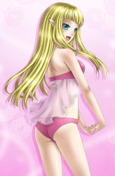 Rule 34 | 1girl, ass, back, bare arms, bare legs, bare shoulders, blonde hair, blue eyes, blush, bra, female focus, happy, highres, hime cut, interlocked fingers, legs, lips, lipstick, long hair, looking at viewer, looking back, makeup, nintendo, open mouth, panties, pink bra, pink lips, pink panties, pointy ears, princess zelda, see-through, smile, solo, strapless, strapless bra, the legend of zelda, the legend of zelda: skyward sword, underwear, yuino (fancy party)