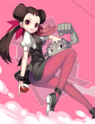 Rule 34 | 10s, 1girl, ascot, ass, badge, blouse, bracelet, brown hair, creatures (company), dress, full body, game freak, gen 1 pokemon, geodude, gym leader, gym leader badge, hair ornament, hair slicked back, holding, holding poke ball, jewelry, long hair, looking at viewer, mary janes, nintendo, open mouth, pantyhose, pink background, pink pantyhose, poke ball, pokemon, pokemon (creature), pokemon oras, red eyes, ririko (zhuoyandesailaer), roxanne (pokemon), shirt, shoes, skirt, twintails