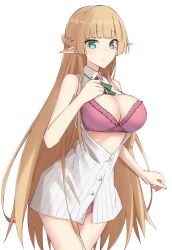 Rule 34 | 1girl, aqua eyes, bare arms, blonde hair, blunt bangs, bra, braid, breasts, bright pupils, buttons, cleavage, closed mouth, collared dress, cowboy shot, crown braid, dress, elf, elfenlied22, embarrassed, frilled bra, frills, furrowed brow, hand on own chest, hand up, highres, large breasts, light blush, long hair, open clothes, open dress, original, panties, panty peek, partially unbuttoned, pink bra, pink panties, pointy ears, simple background, sleeveless, sleeveless dress, solo, straight hair, striped clothes, striped dress, underwear, vertical-striped clothes, vertical-striped dress, very long hair, white background, white dress