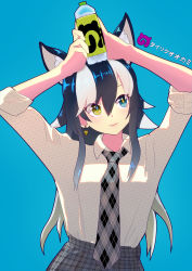 Rule 34 | 10s, 1girl, absurdres, alternate costume, animal ear fluff, animal ears, aqua background, argyle, argyle clothes, argyle necktie, argyle neckwear, arms up, blue eyes, bottle, breasts, character name, check translation, collared shirt, commentary request, dress shirt, earrings, fang, fang out, formal, grey hair, grey wolf (kemono friends), heterochromia, high-waist skirt, highres, holding, japari symbol, jewelry, kemono friends, long hair, long sleeves, medium breasts, multicolored hair, necktie, plaid, plaid necktie, plaid neckwear, plaid skirt, pleated skirt, ponta (matsuokazieg), shirt, shirt tucked in, simple background, skirt, sleeves rolled up, smile, solo, streaked hair, translation request, two-tone hair, unmoving pattern, upper body, water bottle, white hair, wolf ears, yellow eyes