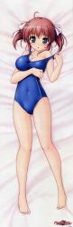Rule 34 | 10s, 1girl, :o, absurdres, barefoot, bekkankou, blue eyes, breasts, brown hair, cleavage, competition swimsuit, covered navel, daitoshokan no hitsujikai, dakimakura (medium), full body, highres, huge filesize, kodachi nagi, large breasts, legs, long image, one-piece swimsuit, scan, solo, swimsuit, tall image, taut clothes, taut swimsuit, two side up