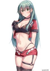 1girl aqua_eyes aqua_hair bandeau black_bandeau black_thighhighs blush breasts cowboy_shot gloves hair_between_eyes hair_ornament hairclip hand_on_own_chest highres jacket kantai_collection large_breasts long_hair looking_at_viewer mizuki_(uzuki_no_sato) partially_fingerless_gloves pleated_skirt race_queen red_jacket red_shorts shorts skirt solo suzuya_(kancolle) thighhighs twitter_username