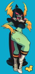 Rule 34 | 1girl, ass, breasts, candy, cleavage, colored skin, disney, fake horns, food, freckles, gashi-gashi, gauntlets, green skin, hand on own hip, helmet, highres, horned helmet, lollipop, long skirt, looking at viewer, lord dominator, midriff, pink eyes, shoes, side slit, silver hair, skirt, sneakers, socks, solo, wander over yonder