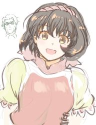 Rule 34 | 1girl, breasts, brown eyes, brown hair, gensou suikoden, gensou suikoden ii, hairband, highres, looking at viewer, nanami (suikoden), open mouth, shimura (hosshi), shirt, short hair, simple background, smile, solo, white background