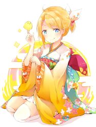 Rule 34 | 1girl, ahoge, bad id, bad twitter id, bell, bird, blonde hair, blue eyes, bow, chick, closed mouth, floral print, flower, frills, hair bow, hair flower, hair ornament, hair ribbon, hairclip, hand up, highres, japanese clothes, jingle bell, kagamine rin, kimono, kneehighs, legs, long sleeves, looking at viewer, new year, obi, oyamada (pi0v0jg), oyamade (pi0v0jg), parted bangs, pink flower, print kimono, ribbon, sash, seiza, shadow, short hair, simple background, sitting, smile, socks, solo, sparkle, thighhighs, updo, vocaloid, white background, white bow, white socks, yellow kimono