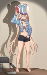 Rule 34 | 1girl, absurdres, animal ears, arm up, bare legs, barefoot, black shorts, blonde hair, blue hat, blue jacket, commission, crop top, cropped jacket, dungeon and fighter, full body, hat, highres, jacket, lifeff, long hair, long sleeves, looking at viewer, midriff, mouse ears, navel, open clothes, open fly, open jacket, parted lips, peaked cap, red eyes, shadow, shirt, short shorts, shorts, solo, standing, stomach, thighs, twintails, very long hair, white shirt, yareen