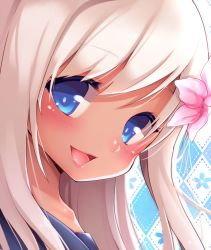 Rule 34 | 10s, :d, ayuteisyoku, blonde hair, blue eyes, blush, checkered background, close-up, eyebrows, eyelashes, flower, hair flower, hair ornament, hibiscus, kantai collection, lips, looking at viewer, open mouth, ro-500 (kancolle), simple background, smile, solo, tan, tareme