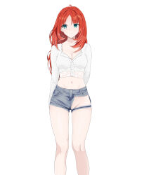Rule 34 | 1girl, absurdres, alternate costume, alternate hairstyle, aqua eyes, arm behind back, averting eyes, breasts, clip studio paint (medium), closed mouth, clothing cutout, collarbone, contemporary, covered erect nipples, cropped shirt, denim, denim shorts, dress shirt, feet out of frame, genshin impact, groin, highres, infra red44, legs, long hair, long sleeves, medium breasts, midriff, navel, nilou (genshin impact), parted bangs, red hair, shirt, shorts, smile, solo, straight hair, white background