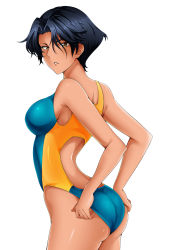 Rule 34 | 1girl, ass, black hair, breasts, commentary request, competition swimsuit, dark-skinned female, dark skin, golden boy, hair between eyes, hayami ayuko, highres, looking at viewer, medium breasts, one-piece swimsuit, open mouth, parted lips, pillaridha, short hair, solo, standing, swimsuit, wedgie