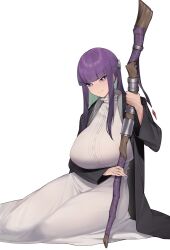 Rule 34 | 1girl, absurdres, alternate breast size, arm under breasts, befe, black cloak, black coat, blunt bangs, breasts, buttons, cloak, closed mouth, coat, colored inner hair, dress, feet out of frame, fern (sousou no frieren), half updo, highres, holding, holding staff, huge breasts, long coat, long hair, looking at viewer, multicolored hair, purple eyes, purple hair, seductive smile, sidelocks, simple background, sitting, smile, solo, sousou no frieren, staff, straight hair, transparent background, white dress, yokozuwari