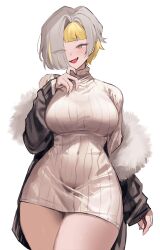 1girl absurdres blonde_hair breasts covered_navel dress fangs hair_over_one_eye highres jacket kromer_(project_moon) large_breasts limbus_company migishita multicolored_hair open_clothes open_jacket open_mouth project_moon short_dress short_hair smile standing turtleneck turtleneck_dress white_hair yellow_eyes