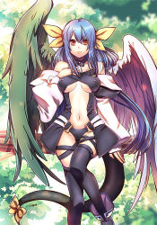 Rule 34 | 1girl, arc system works, asymmetrical wings, blue hair, bow, breasts, choker, dizzy (guilty gear), guilty gear, hair bow, long hair, navel, red eyes, ribbon, solo, suou sakura, tail, tail ornament, tail ribbon, thighhighs, underboob, wings