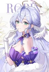 Rule 34 | 1girl, bare shoulders, bead bracelet, beads, bracelet, breasts, character name, cleavage, closed mouth, detached sleeves, dress, earrings, english text, facial mark, flower, gloves, hand up, head wings, highres, honkai: star rail, honkai (series), jewelry, long hair, looking at viewer, miho (mymiho), purple hair, revision, robin (honkai: star rail), short sleeves, simple background, smile, solo, upper body, white background, white flower, white gloves, wings