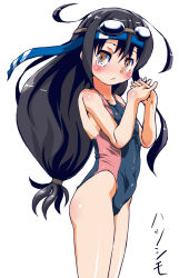 Rule 34 | 10s, 1girl, black hair, brown eyes, competition swimsuit, goggles, goggles on head, hatsushimo (kancolle), headband, kantai collection, long hair, one-piece swimsuit, standing, sukiyo, swimsuit