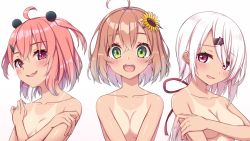 Rule 34 | 3girls, :d, ahoge, blush, breasts, brown hair, collarbone, commentary request, covering privates, covering breasts, embarrassed, fang, flower, fuji yoshida, green eyes, hair flower, hair ornament, hair ribbon, hairclip, honma himawari, long hair, looking at viewer, low ponytail, medium breasts, mole, mole under eye, multiple girls, nijisanji, nude, one-piece tan, open mouth, parted lips, pink eyes, pink hair, purple eyes, purple ribbon, ribbon, sasaki saku, shiina yuika, short hair, simple background, skin fang, small breasts, smile, sunflower, sunflower hair ornament, tan, tanline, tareme, teeth, two side up, upper body, upper teeth only, virtual youtuber, white background, white hair