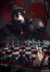 Rule 34 | 1boy, absurdres, ayn alwyn, black cape, black gloves, black hair, black jacket, blood, blood on clothes, blood on face, blood splatter, board game, cape, chain, chained wrists, chair, chess, chess piece, chessboard, closed mouth, collared jacket, crossed bangs, earrings, elbow rest, epaulettes, gem, gloves, hair between eyes, hat, highres, interlocked fingers, jacket, jewelry, lapels, long sleeves, looking at viewer, lovebrush chronicles, male focus, military hat, military uniform, necktie, own hands together, peaked cap, pov, pov hands, red eyes, red gemstone, red hat, red necktie, short hair, sideways glance, sitting, sleeve cuffs, smile, solo, table, uniform, upper body, yan ge