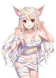Rule 34 | 1girl, animal ear fluff, animal ears, armpits, arms up, artist name, bandages, blonde hair, blush, breasts, cat ears, cat girl, claw pose, cleavage, collarbone, commentary, commission, cowboy shot, english commentary, long hair, looking at viewer, medium breasts, naked bandage, navel, original, parted lips, roang, round teeth, simple background, solo, stomach, symbol-shaped pupils, teeth, upper teeth only, very long hair, white background, white hair