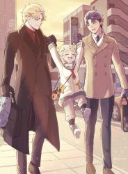 Rule 34 | 2022, 3boys, aged down, backpack, bag, black coat, black necktie, black pants, blonde hair, blue eyes, blue hair, blush, braid, building, car, child, closed eyes, coat, commentary, dio brando, english commentary, family, father and son, fur-trimmed coat, fur trim, giorno giovanna, gloves, highres, holding, holding bag, holding hands, implied yaoi, jojo no kimyou na bouken, jonathan joestar, lifting person, long hair, long sleeves, looking at another, male focus, morino peko, motor vehicle, multiple boys, necktie, outdoors, pants, red shirt, road, shirt, shoes, short hair, smile, socks, street, vento aureo, walking