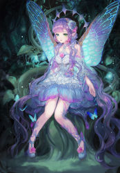 Rule 34 | 1girl, absurdres, bad id, bad pixiv id, bare shoulders, blue dress, blue eyes, blue footwear, braid, braided bangs, bug, butterfly, butterfly wings, center frills, dark, dress, fairy wings, fireflies, flower, frilled skirt, frilled sleeves, frills, full body, glowing flower, gold trim, green eyes, hair flower, hair ornament, heterochromia, highres, insect, insect wings, layered skirt, leaf, lips, long hair, maccha (mochancc), multicolored hair, nature, original, parted lips, pastel colors, pigeon-toed, pink hair, plant, pointy ears, purple dress, purple hair, rose, single braid, sitting, skirt, sleeveless, sleeveless dress, smile, solo, very long hair, vines, wavy hair, white dress, wide sleeves, wings