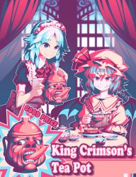 Rule 34 | 2girls, apron, bat wings, cake, chair, cup, curtains, dress, english text, fang, fang out, food, hat, high contrast, in the court of the crimson king, izayoi sakuya, maid apron, maid headdress, mob cap, multiple girls, pink theme, puffy short sleeves, puffy sleeves, remilia scarlet, serving, short sleeves, sitting, smile, spoon, sweat, sweets, table, teacup, teapot, touhou, wings, zounose