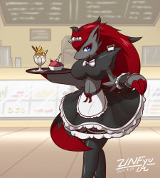 Rule 34 | 1girl, :3, animal ears, apron, artist name, black skirt, black thighhighs, blue eyes, bow, cafe, clipboard, creatures (company), cup, curtsey, dated, dessert, drinking glass, female focus, food, frilled skirt, frilled wristband, frills, furry, furry female, game freak, gen 5 pokemon, glass, hands up, highres, holding, ice cream, indoors, licking lips, long hair, looking at viewer, maid, maid apron, maid headdress, multicolored hair, navel, nintendo, pokemon, pokemon (creature), pokemon bw, red hair, signature, skirt, smile, solo, spoon, standing, text focus, thighhighs, tongue, tongue out, topless, two-tone hair, very long hair, waitress, white bow, wolf ears, zinfyu, zoroark