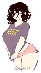 Rule 34 | 1girl, black hair, breasts, chinad011, clothes writing, female focus, huge breasts, medium hair, messy hair, mole, mole under mouth, original, red eyes, shirt, shirt tug, short shorts, shorts, solo, standing, t-shirt, thick thighs, thighs, truth, twitter username, white background