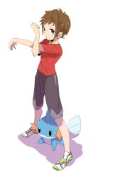 Rule 34 | 1boy, brendan (pokemon), brown hair, closed mouth, commentary request, creatures (company), game freak, gen 3 pokemon, green footwear, grey eyes, grey shorts, knees, legs apart, male focus, mudkip, niimura (csnel), nintendo, pokemon, pokemon (creature), pokemon oras, red shirt, shirt, shoes, short hair, short sleeves, shorts, standing, stretching, t-shirt, white background
