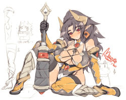 Rule 34 | 1girl, akatsuki francesca, armor, black hair, blush, boots, breasts, brown hair, cleavage, club (weapon), curvy, demon girl, earrings, horns, huge breasts, jewelry, long hair, mel/a, mature female, original, pointy ears, red eyes, sitting, sketch, solo, thigh boots, thighhighs, wariza, weapon