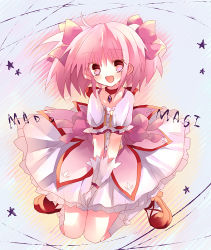 Rule 34 | 10s, 1girl, :d, :p, ahoge, bad id, bad pixiv id, bikkuameron, bow, bubble skirt, choker, copyright name, dress, full body, gloves, hair ribbon, happy, jewelry, kaname madoka, kneehighs, kneeling, magical girl, mahou shoujo madoka magica, mahou shoujo madoka magica (anime), open mouth, pink bow, pink eyes, pink hair, puffy sleeves, ribbon, shoes, short hair, short twintails, sidelocks, skirt, smile, socks, solo, star (symbol), tongue, tongue out, twintails