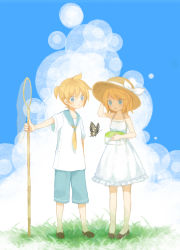 Rule 34 | 1boy, 1girl, blonde hair, blue eyes, brother and sister, bug, butterfly, butterfly net, dress, grass, hand net, hand on headwear, hat, hat ribbon, highres, holding, bug, kagamine len, kagamine rin, mikanniro, ribbon, shorts, siblings, standing, sundress, vocaloid