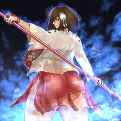 Rule 34 | 1girl, adapted costume, ahoge, ass, breasts, brown hair, floating clothes, floating hair, from behind, fundoshi, hair ornament, hair ribbon, hatsusora sakuta, huge ass, huge breasts, jacket, japanese clothes, jewelry, looking at viewer, looking back, mature female, miko, mole, mole under eye, original, polearm, red eyes, red skirt, ribbon, ring, see-through, see-through skirt, see-through sleeves, short hair, sideboob, skirt, thighs, weapon, wedding band, wedding ring