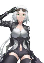 Rule 34 | 1girl, adjusting eyewear, black jacket, black thighhighs, breasts, cleavage, collarbone, feet out of frame, girls&#039; frontline, green eyes, hand on eyewear, hunter (girls&#039; frontline), jacket, large breasts, long hair, looking at viewer, mechanical arms, navel, open clothes, open jacket, open mouth, sangvis ferri, silver hair, sitting, solo, thatob, thighhighs, white background