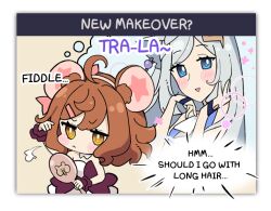 Rule 34 | 1koma, 2girls, ahoge, animal ears, bare shoulders, blue dress, blue eyes, brown hair, cat ears, cat girl, chibi, comic, curly hair, dress, english text, eversoul, game cg, hair ornament, hairclip, hamster, hamster ears, hamster girl, hand mirror, holding, holding mirror, idol, idol clothes, imagining, long hair, looking at viewer, mica (eversoul), mirror, multiple girls, non-web source, official art, open mouth, seeha (eversoul), short hair, simple background, sound effects, star (symbol), transparent background, white hair, wrist cuffs, yellow eyes