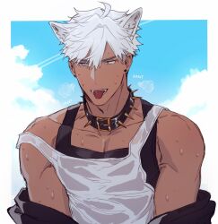 Rule 34 | 1boy, animal collar, animal ears, artist name, black collar, black jacket, black tank top, blue background, blue eyes, blue sky, cloud, collar, commentary, dark-skinned male, dark skin, dog boy, dog ears, earrings, english commentary, english text, fangs, hair between eyes, heavy breathing, highres, homici, jacket, jacket partially removed, jewelry, kemonomimi mode, male focus, mammon (obey me!), obey me!: one master to rule them all!, open mouth, outdoors, short hair, sky, solo, spiked collar, spikes, strap slip, sweat, tank top, tongue, tongue out, twitter username, upper body, very short hair, white hair, white tank top